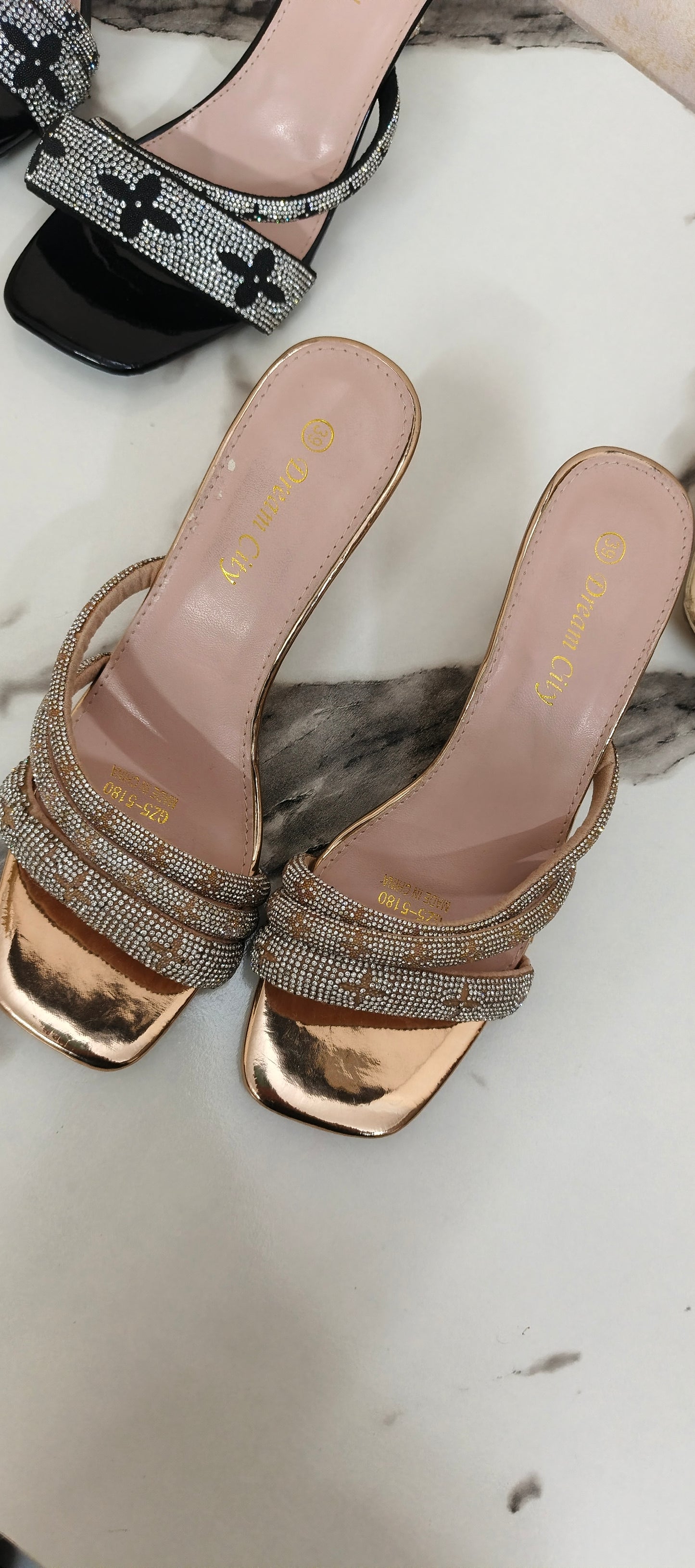 Black/gold stone heels(clearance)