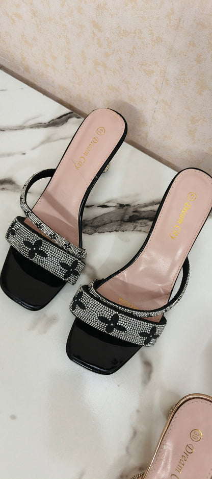 Black/gold stone heels(clearance)