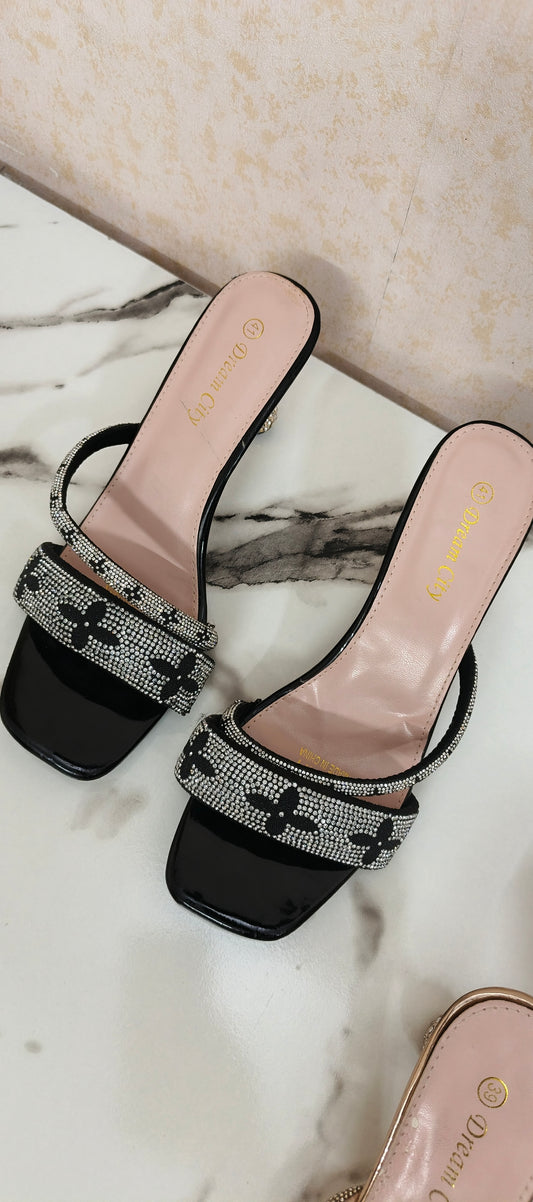 Black/gold stone heels(clearance)